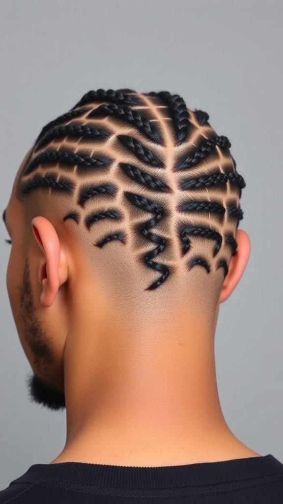 A man with five different styles of cornrow braids straight back, showcasing the variety in thickness and design.
